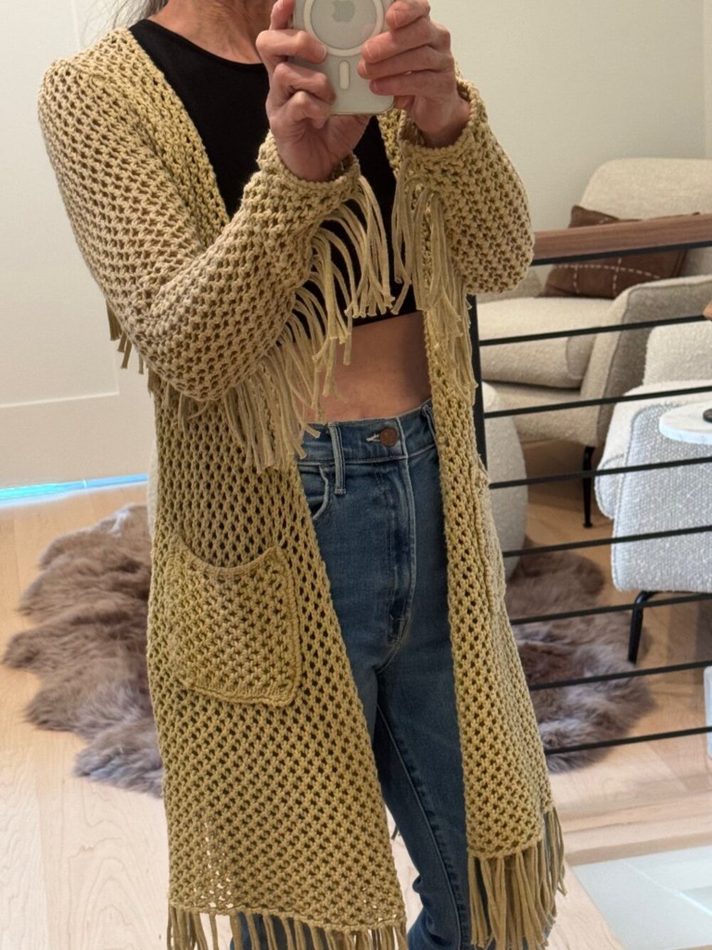 Women's Long Open 100% Cotton Crochet/Knit Cardigan With Fringe- size small